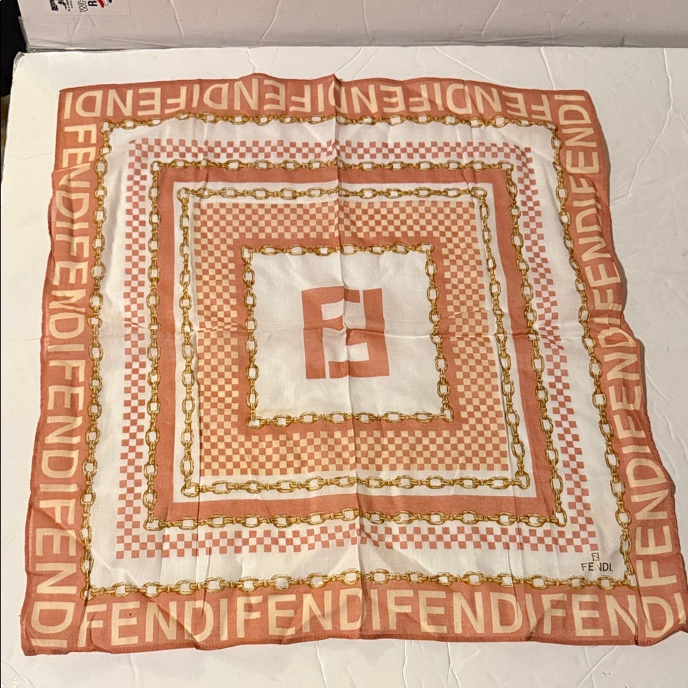 Fendi Peach and White Silk cotton Scarf handkerchief with Gold Chain Motif